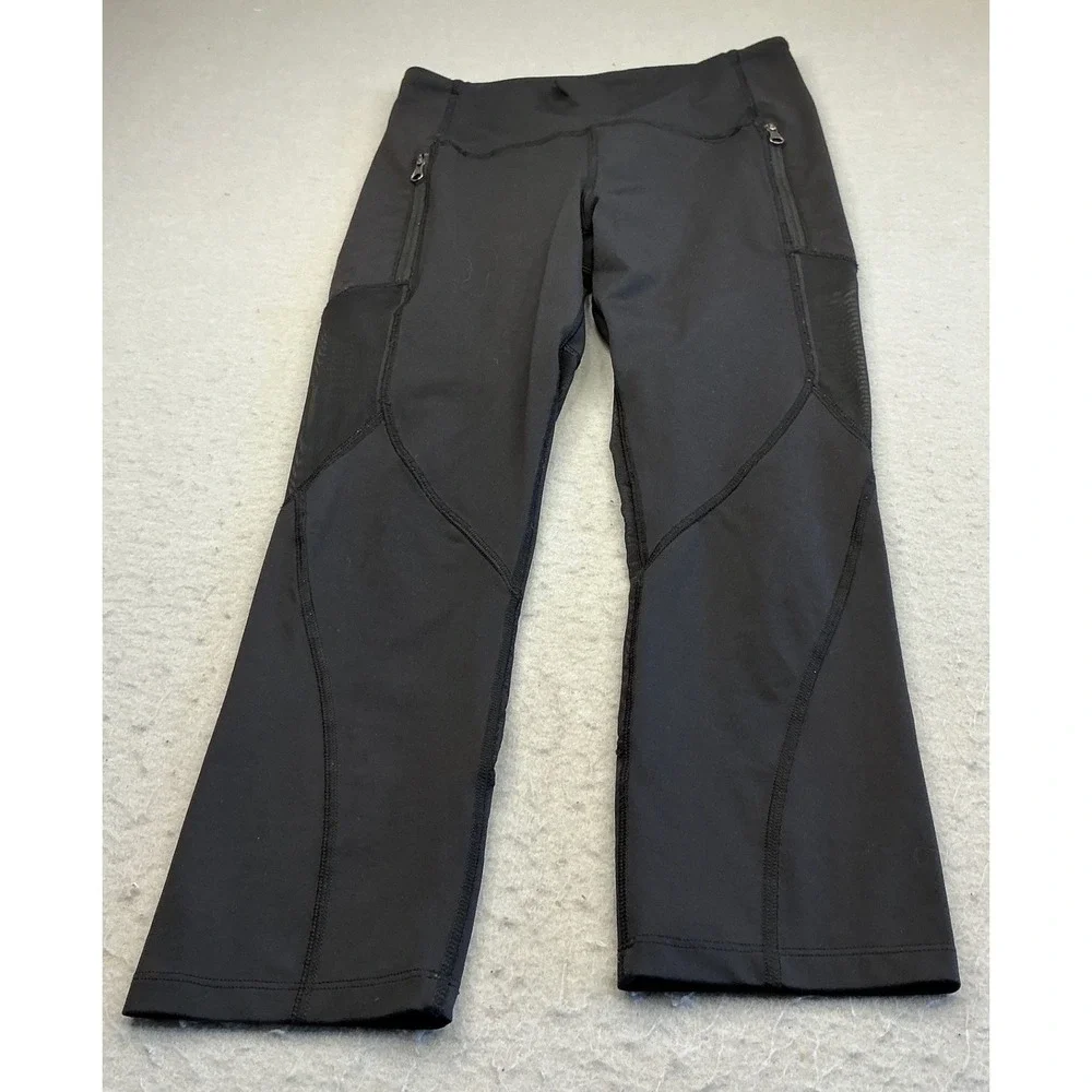 Lululemon Cropped Leggings Black Mesh Panel Zipper Pockets Size 6 Athletic Yoga